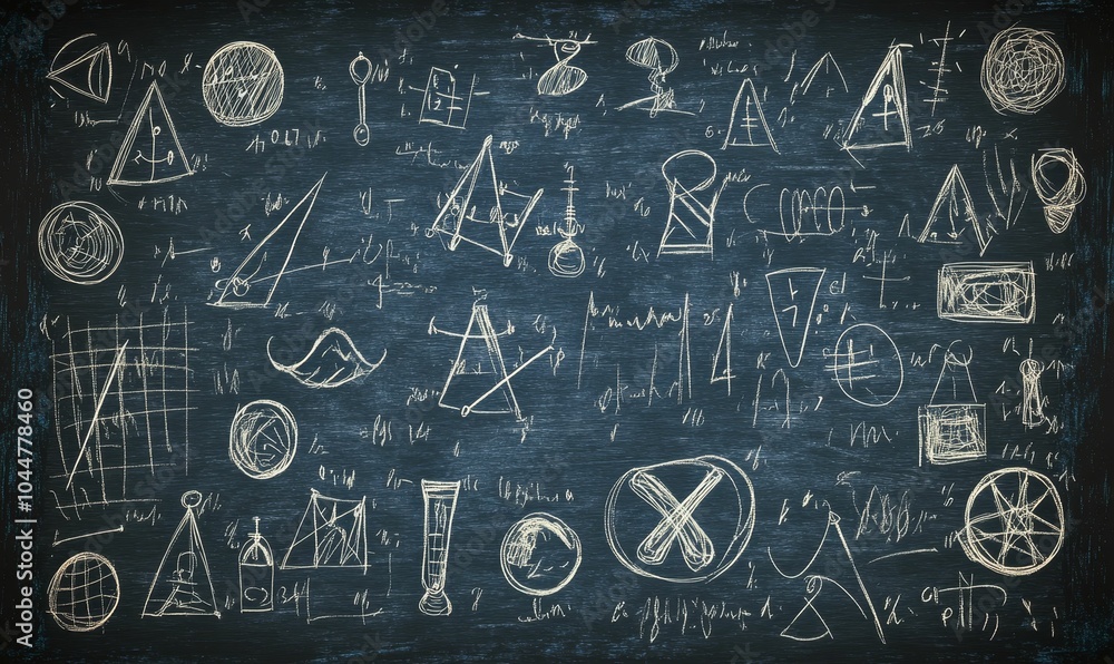 Chalkboard with geometric shapes and equations. Chalkboard with geometric shapes and equations.