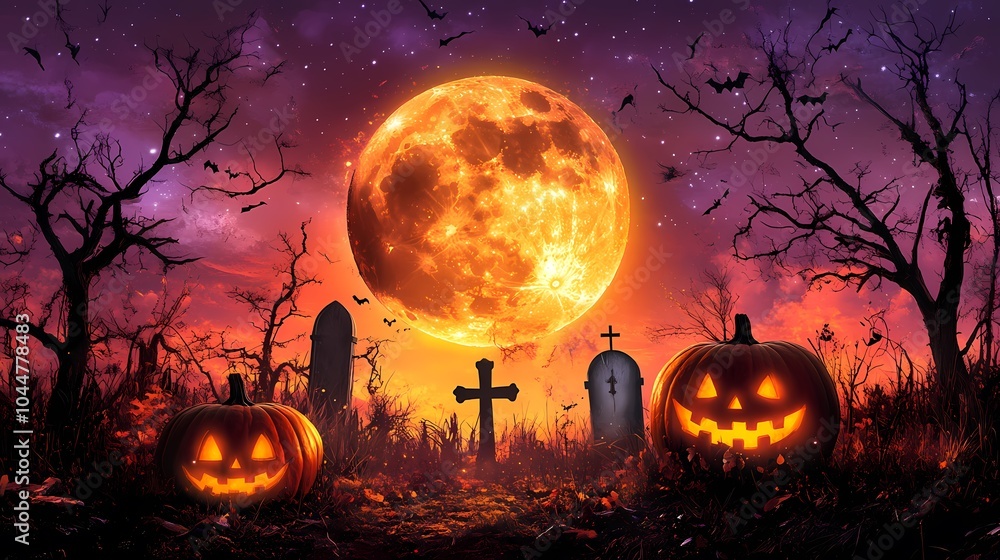 Fototapeta premium Spooky Halloween scene with jack-o'-lanterns, gravestones, and a full moon.
