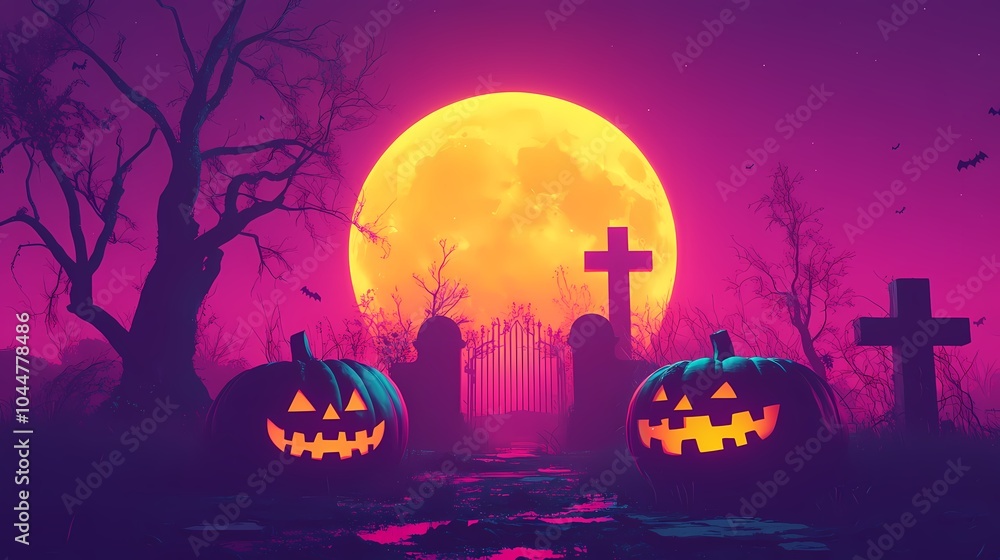 Fototapeta premium Spooky Halloween scene with carved pumpkins, tombstones, and a full moon.