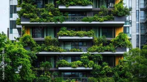 A modern apartment building facade with balconies covered in lush greenery, creating an urban jungle environment