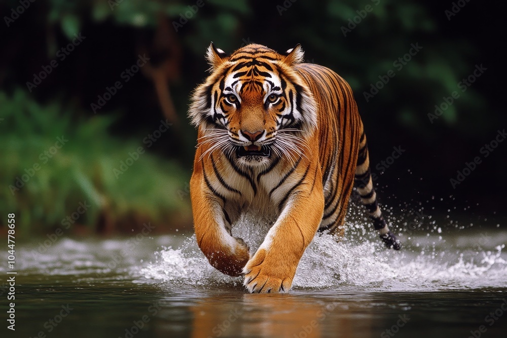 Fototapeta premium A fierce tiger charging through splashing water, embodying strength and grace amidst vibrant, lush greenery of its natural habitat.