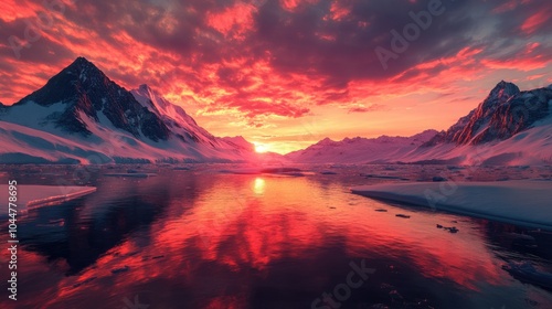 Stunning polar landscape at sunset where the vibrant red orange and pink sky reflects off icy mountains and glaciers highlighting the breathtaking beauty of nature s vivid palette photo