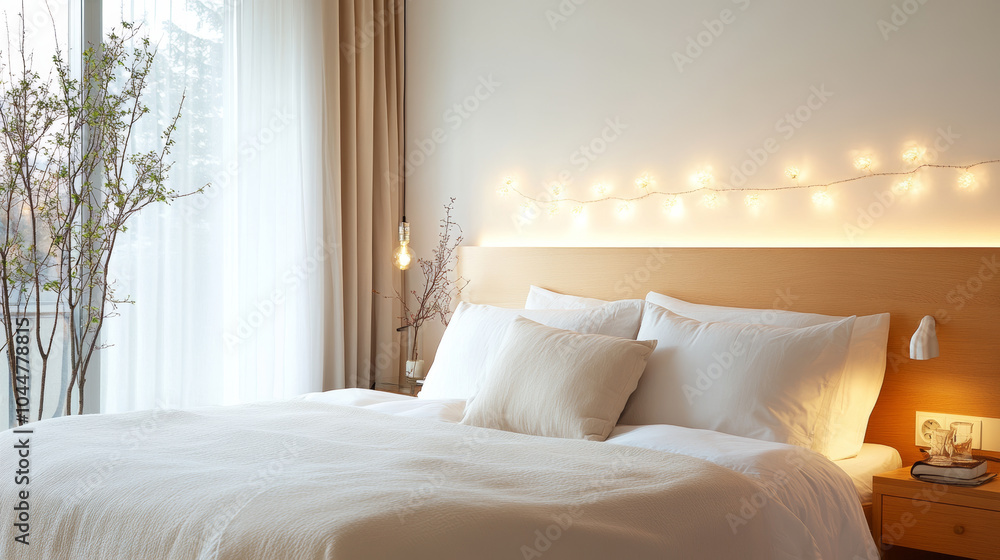 A cozy bedroom featuring comfortable bed with white pillows and soft blanket, illuminated by warm string lights. serene atmosphere is enhanced by natural light and decorative plants A cozy bedroom featuring comfortable bed with white pillows and soft blanket, illuminated by warm string lights. serene atmosphere is enhanced by natural light and decorative plants