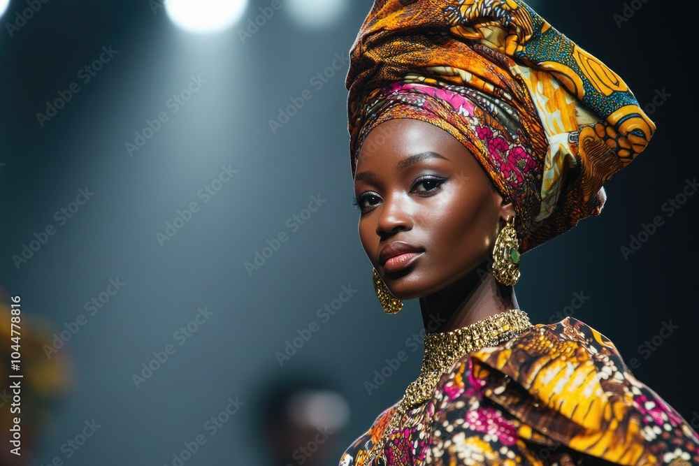 An African model struts down the runway in an intricate, colorful traditional dress with a matching headscarf and headdress during Fashion Week at a fashion studio An African model struts down the runway in an intricate, colorful traditional dress with a matching headscarf and headdress during Fashion Week at a fashion studio