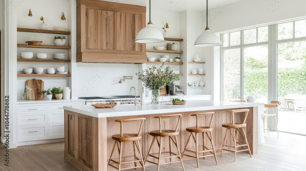A modern kitchen featuring spacious island with wooden stools, elegant pendant lights, and open shelving displaying white dishware. design exudes warmth and sophistication A modern kitchen featuring spacious island with wooden stools, elegant pendant lights, and open shelving displaying white dishware. design exudes warmth and sophistication