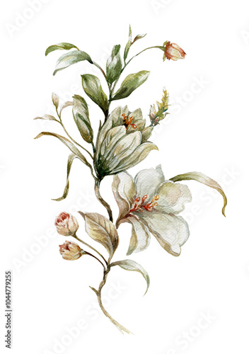 watercolor painting of leaves and flower, on transparent background