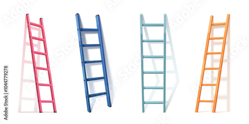 Ladder mockups set isolated on white background. Vector realistic illustration of color wooden, metal or plastic stepladder leaning on wall with shadow, construction work equipment, success concept