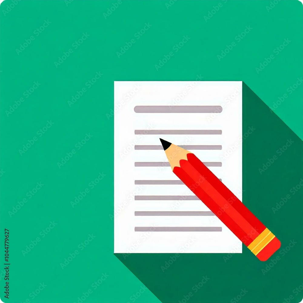 Office icon; paper with pencil on green background Office icon; paper with pencil on green background