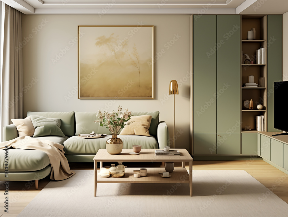 Fototapeta premium Living room interior in modern and classic styles with wooden panneling and bronze decor. Neutral and light colors interior with wooden wall panels. 