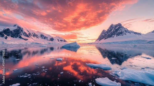 Stunning polar landscape at sunset where the vibrant red orange and pink sky reflects off icy mountains and glaciers highlighting the breathtaking beauty of nature s vivid palette photo