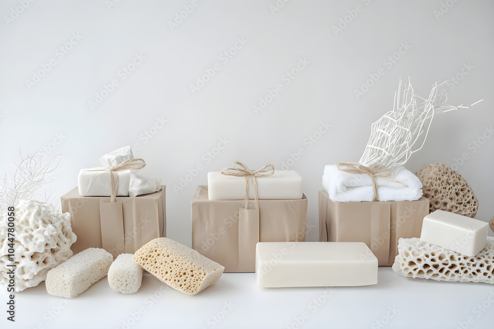 Neatly wrapped white soap bars in simple brown packaging are arranged aesthetically alongside natural sponges and decorative accents Neatly wrapped white soap bars in simple brown packaging are arranged aesthetically alongside natural sponges and decorative accents