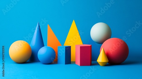 2410 17.A variety of bold geometric shapes, such as spheres, pyramids, and cubes, arranged in a minimalist design on a blue background. The contrasting colors and simple layout emphasize spatial