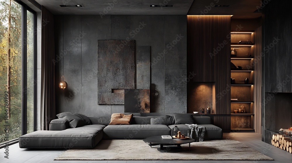 Minimalist industrial loft with concrete walls a charcoal gray sofa black steel shelving and an abstract sculpture as the centerpiece The room is accented with warm wood and metallic details Minimalist industrial loft with concrete walls a charcoal gray sofa black steel shelving and an abstract sculpture as the centerpiece The room is accented with warm wood and metallic details