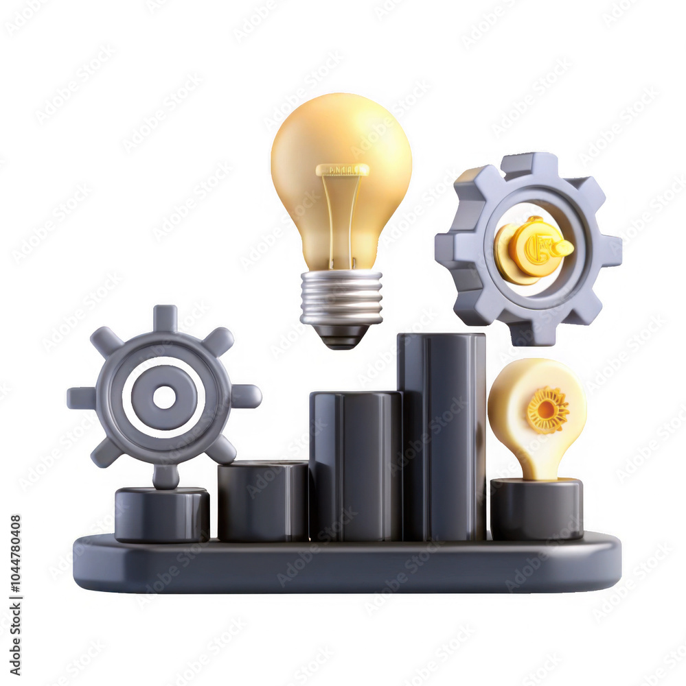 A 3D render showing light bulbs and gears on a base, representing innovation and industry. The design showcases modern elements with a technological feel. A 3D render showing light bulbs and gears on a base, representing innovation and industry. The design showcases modern elements with a technological feel.