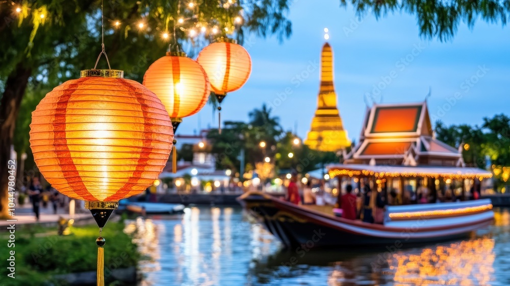 Fototapeta premium A boat is floating on the water with a lantern hanging from it