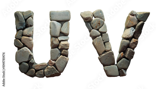 Alphabet made of realistic stones broken natural rocks letters U V isolated on white background textured typography  photo