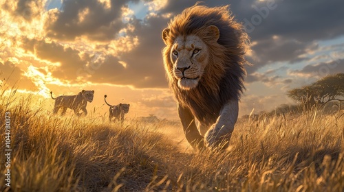 A majestic male lion confidently walks in front of a pride in sunlit grasslands embodying the spirit and grandeur of wild nature photo