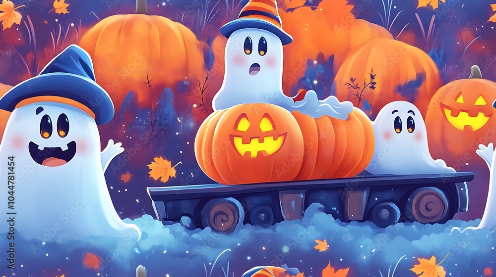 Obraz premium Funny Cartoon Ghosts with Hats Riding Toy Trains