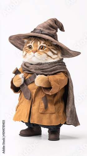 This imaginative image features a charming cat wearing a wizard hat and a stylish coat embodying adventure and fantasy. Perfect for animal lovers and fans of whimsical art photo