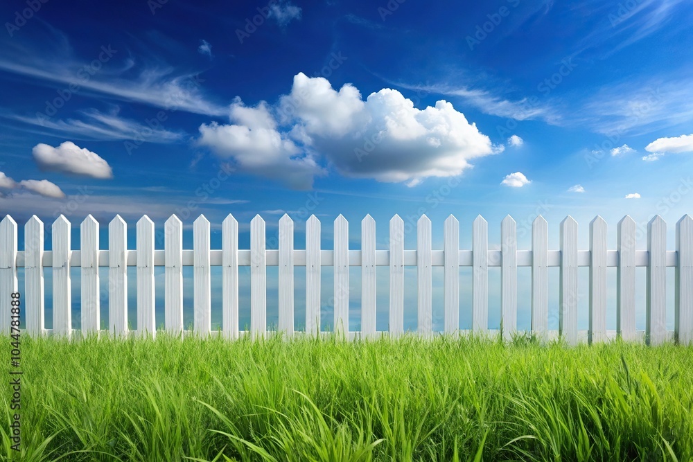Obraz premium Silhouette of white picket fence and grassland against blue sky background