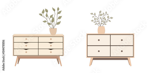 Contemporary ladies' chest of drawers with flowers in a vase. Commode modern. Bedroom interior in a flat style. Furniture for the bedroom and living room. Vector illustration