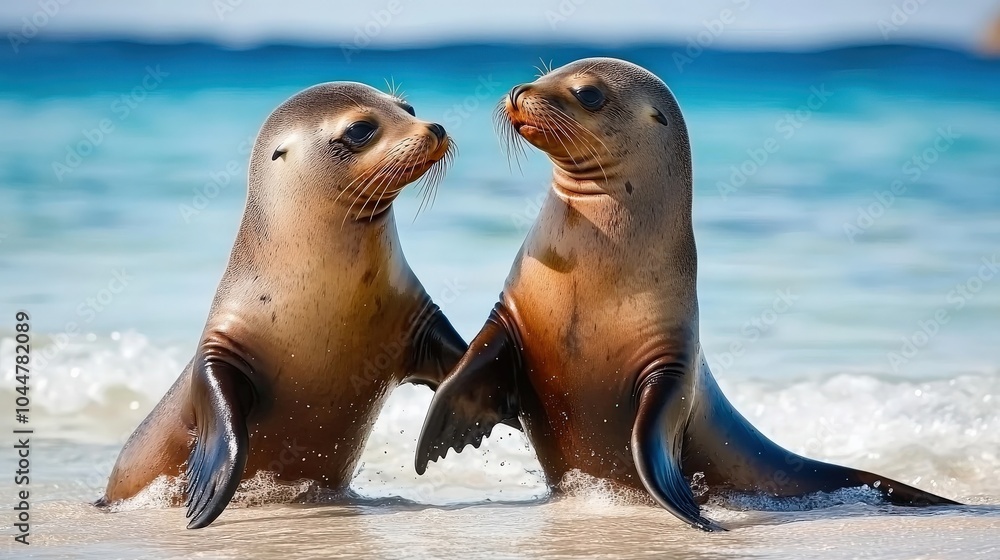 Fototapeta premium Two sea lions are playing in the ocean