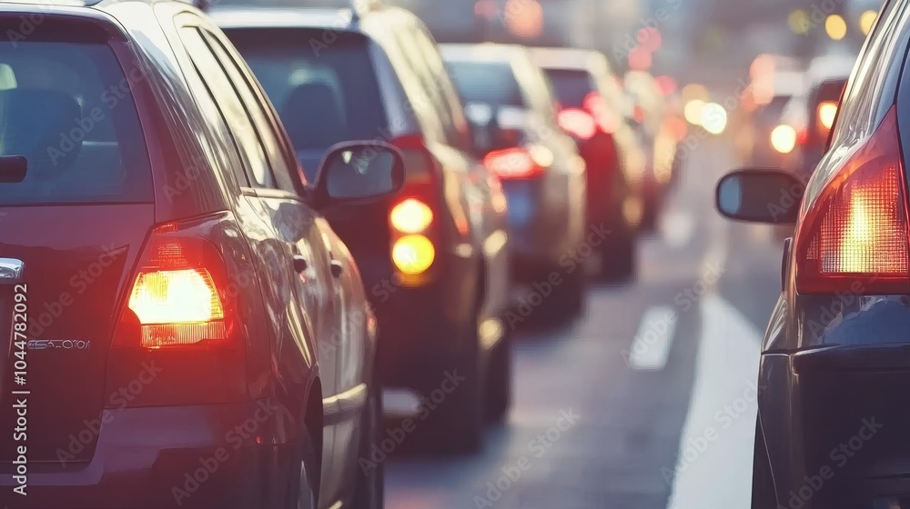 Fototapeta premium Endless Lines of Vehicles in Traffic at Dusk with Glowing Lights Creating a Captivating Urban Scene