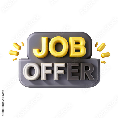 A colorful 3D render of a job offer sign, with bold yellow and gray letters. Perfect for job recruitment graphics or career announcements. photo