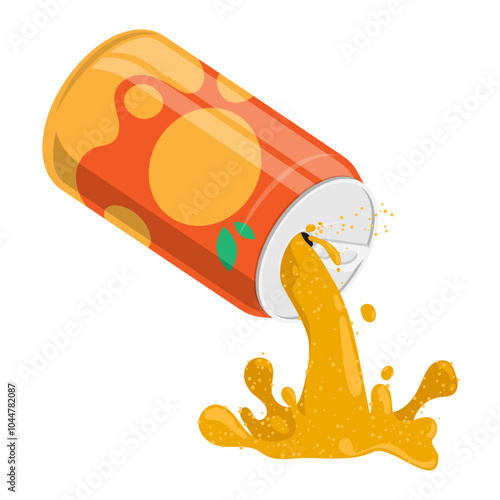 Orange carbonated juice is pouring from an open aluminum can with orange soft drink. Cool fruit drinks in hot summer weather. Cartoon vector isolated on white background