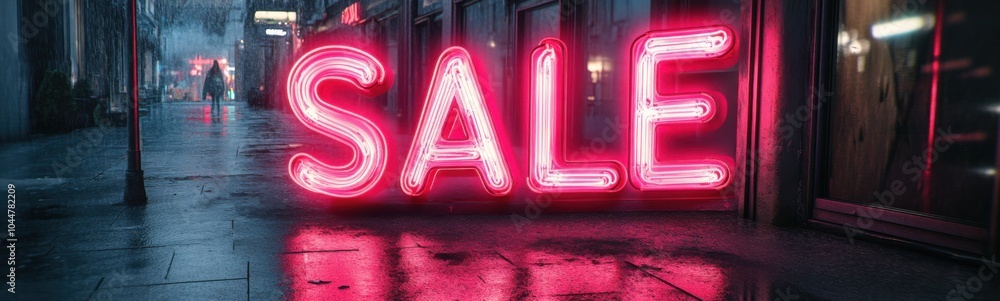 Neon sign on sidewalk with sale sign in window in city, sale discount concept, banner Neon sign on sidewalk with sale sign in window in city, sale discount concept, banner