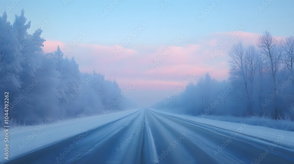 A snowy road with trees covered in snow along the sides, an empty asphalt highway, and trees on both sides at sunrise A snowy road with trees covered in snow along the sides, an empty asphalt highway, and trees on both sides at sunrise