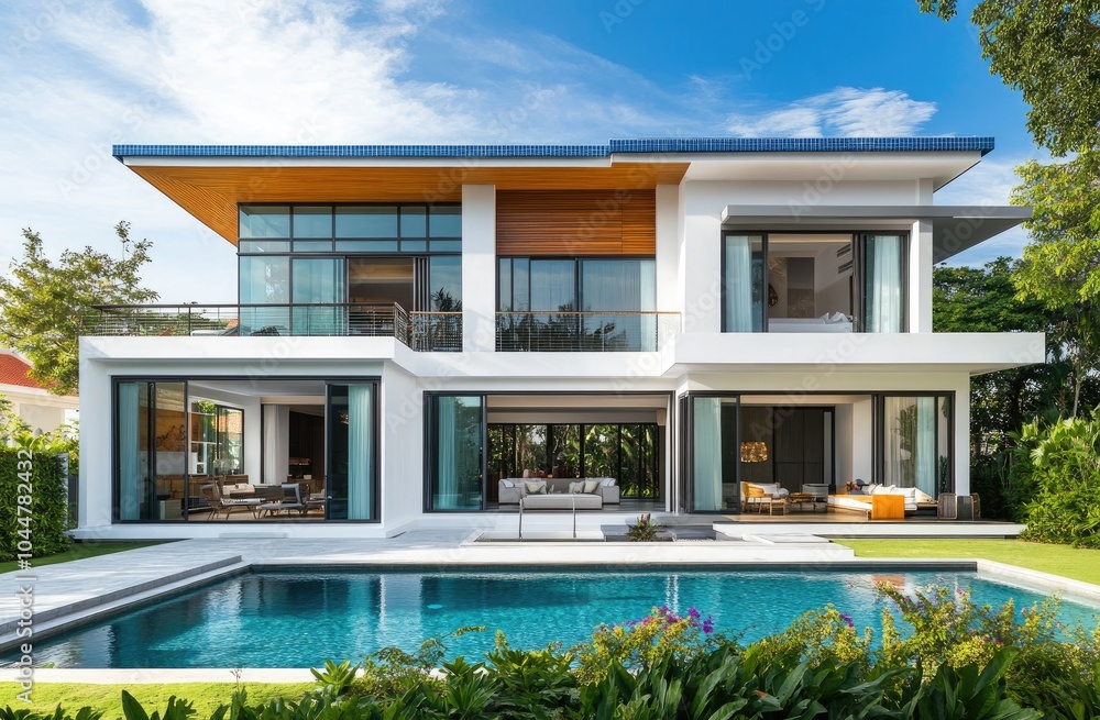 Modern house with swimming pool in Phuket, Thailand. A luxurious two-story villa on the island Modern house with swimming pool in Phuket, Thailand. A luxurious two-story villa on the island