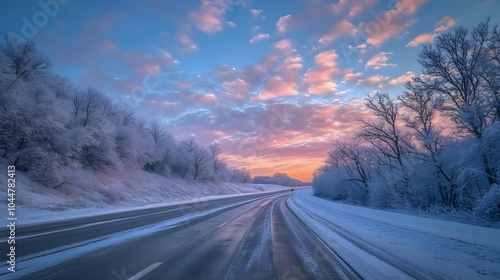 A snowy road with trees covered in snow along the sides, an empty asphalt highway, and trees on both sides at sunrise