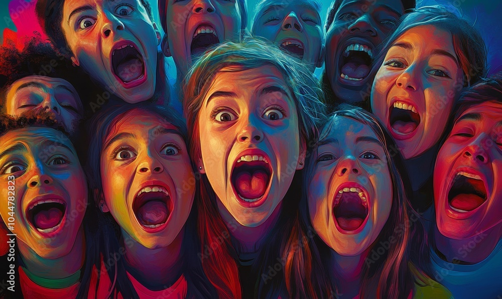 Obraz premium Group of people with mouths open wide.
