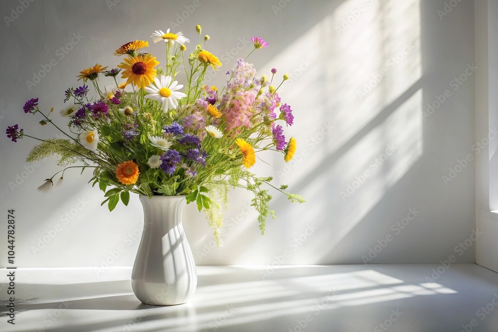 Silhouette of white vase with wildflowers against white wall with sunlight shadows Silhouette of white vase with wildflowers against white wall with sunlight shadows