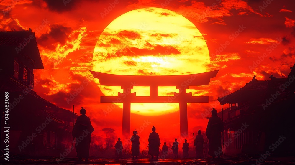 Obraz premium Silhouetted figures under a striking sunset at a traditional torii gate.