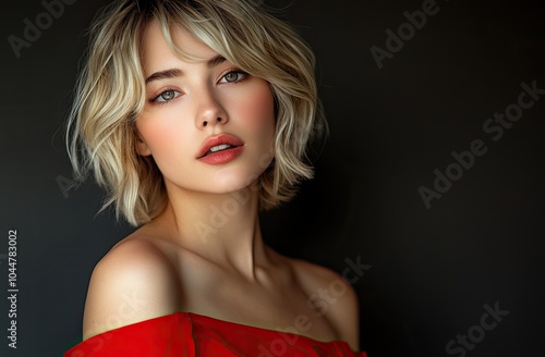 Portrait of a beautiful blonde woman with short, wavy hair wearing a red dress on an isolated background, with space for text.