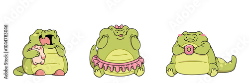 Cute crocodile characters set isolated on white background. Contemporary vector cartoon illustration of fat alligator mascots yawning and hugging toy, wearing pink skirt and bow, eating sweet donut