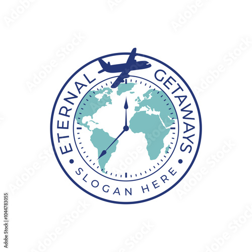 Travel-themed vector logo featuring a clock, world map, and airplane. - Vector