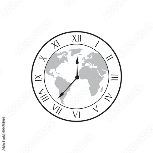 Analog clock with a world map, representing universal global time concept. - Vector