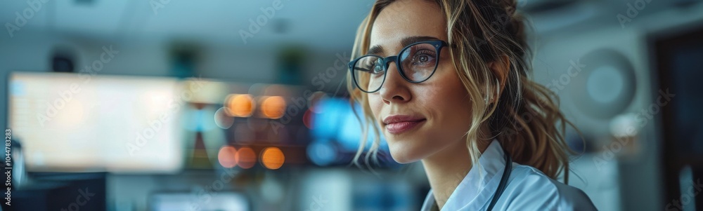 Blond woman with glasses looking at camera in office setting, banner, copy space Blond woman with glasses looking at camera in office setting, banner, copy space