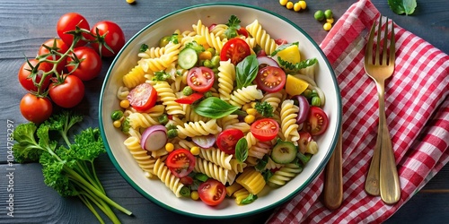 Wallpaper Mural vegetarian pasta salad with onions, pickles, corn, and tomatoes aerial view Torontodigital.ca