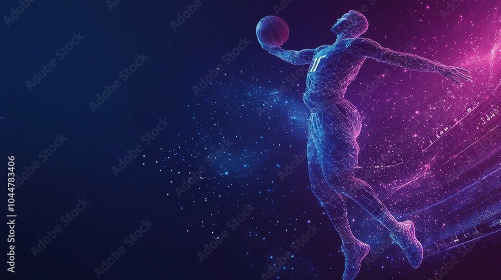 Wireframe basketball player dribbling a ball with glowing lines and pink particles in the background.. Perfect for sports-themed projects or modern designs. Wireframe basketball player dribbling a ball with glowing lines and pink particles in the background.. Perfect for sports-themed projects or modern designs.