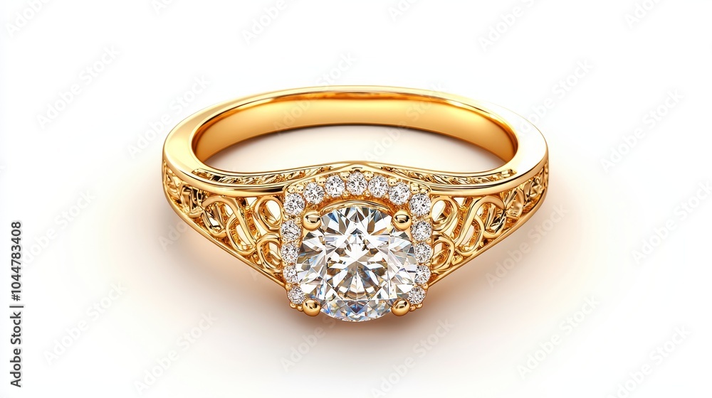 Detailed 3D rendering of a diamond-studded yellow gold ring with filigree patterns, isolated on white, luxury and elegance, jewelry promotion Detailed 3D rendering of a diamond-studded yellow gold ring with filigree patterns, isolated on white, luxury and elegance, jewelry promotion