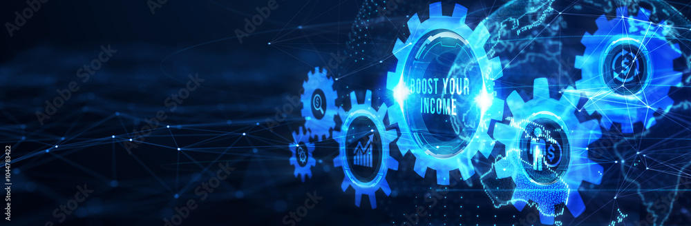 Fototapeta premium Boost Your Income financial motivation phrase and money. Business, technology concept. 3d illustration