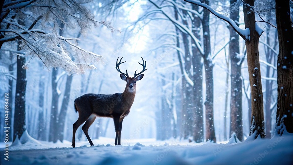 silhouette of whitetail deer in snow covered forest during winter silhouette of whitetail deer in snow covered forest during winter