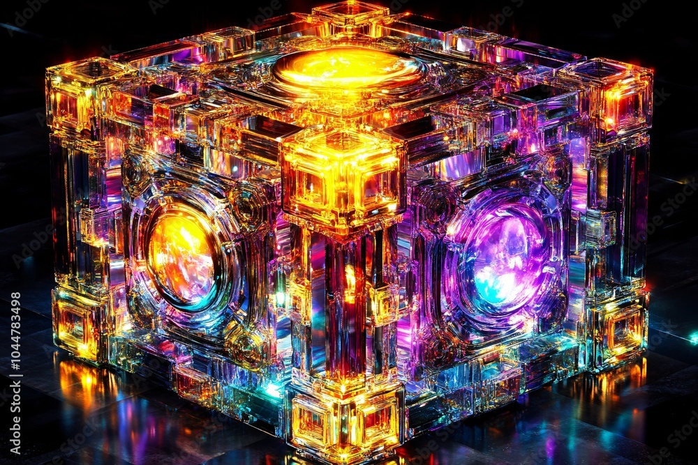 Abstract Glass Cube with Glowing Lights - 3D Render Abstract Glass Cube with Glowing Lights - 3D Render
