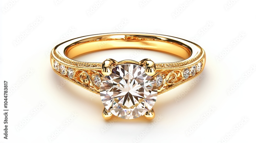 Isolated 3D render of an ornate yellow gold ring featuring a diamond and filigree, shown on a white backdrop, premium jewelry with fine craftsmanship Isolated 3D render of an ornate yellow gold ring featuring a diamond and filigree, shown on a white backdrop, premium jewelry with fine craftsmanship