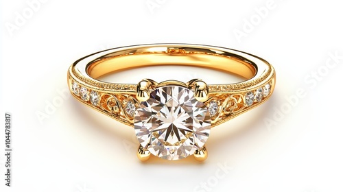 Isolated 3D render of an ornate yellow gold ring featuring a diamond and filigree, shown on a white backdrop, premium jewelry with fine craftsmanship