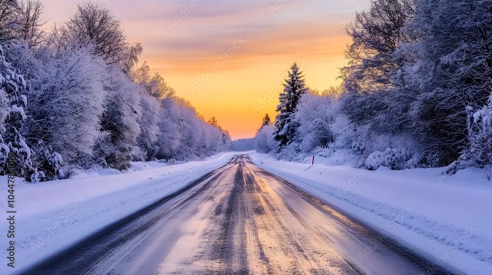 A snowy road with trees covered in snow along the sides, an empty asphalt highway, and trees on both sides at sunrise A snowy road with trees covered in snow along the sides, an empty asphalt highway, and trees on both sides at sunrise